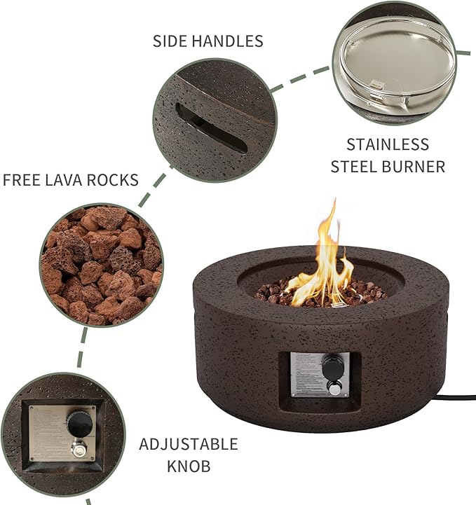 SUNBURY Outdoor Fire Pit, 28 inches Round Propane Gas Patio Fire Table 40,000 BTU Concrete Travertine Design, Circular Base Small Firepit with Lava Rocks, Waterproof Cover (Dark Brown)
