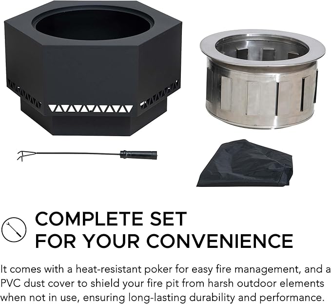 Sunjoy Fire Pit Smokeless 26 in. Hexagonal Outdoor Fire Pit, Patio Wood Burning Smokeless Firepit w/PVC Cover and Fire Poker, Ideal for Camping, Bonfire, and Backyard, Black