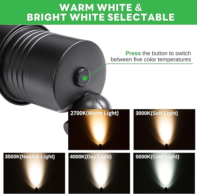 Varmtalys Landscape Spotlight - Soft & Natural White Selectable Setting Up Lights, Outdoor Low Voltage Spot Lights, LED 12V Wired Waterproof Aluminum, Black for Garden Patio Wall 6 Pack