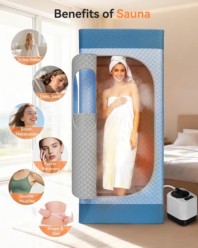 Sauna Box, Upgraded Portable Sauna for Home 5Layer Waterproof,3L 1200W Steamer,9 Levels,Dual YKK Zippers,Big Folding Chair,99 Mins Timer,Remote Control,Steam Sauna Room Personal Saunas Tent,Light Blue