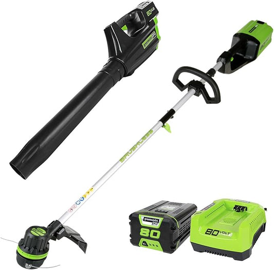 Greenworks 80V Brushless Cordless Yard Tool Combo Kit with 2.0Ah Battery & Rapid Charger – 16" Dual-Line String Trimmer and 500 CFM / 125 MPH Leaf Blower, Variable Speed, 4-Year Warranty