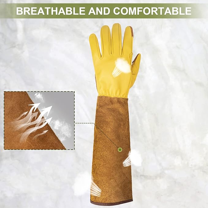 Long Gardening Gloves for Women Thorn Proof,Rose Pruning Cowhide Leather Garden Gloves for Cactus, Rose and Blackberry