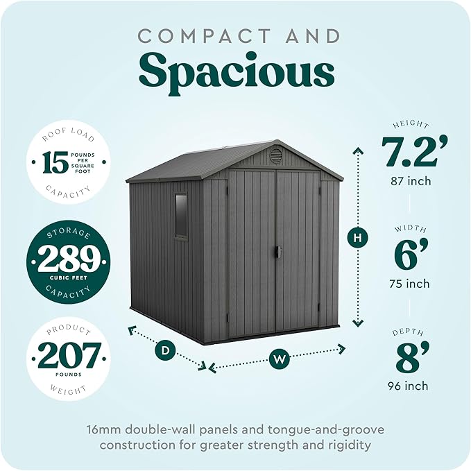 Keter Outdoor Storage Tool Shed, for House, Patio & Yard, Darwin, 6 x 8 Ft, Graphite Gray - Portable and Lockable Resin Utility Organizer for Backyard, Pool, Garden or Lawn Organization