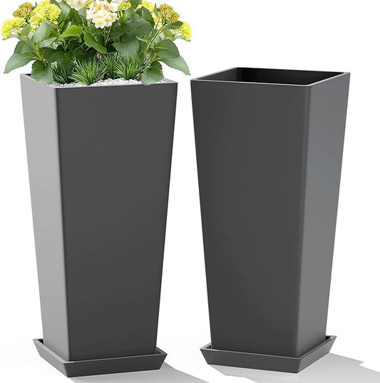 Set of 2 Tall Planters, 24" Large Indoor Outdoor Flower Pots with Tray, Modern Tapered Planters for Porch, Patio, Garden, Backyard