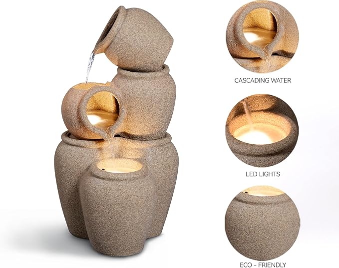 Puulye 29.53" H Outdoor Water Fountain Made with Eco-Friendly Recyclable Materials, Polyethylene Cascading Waterfall Outdoor Fountain, Garden Decor with LED Light & Pump for Patio, Backyard