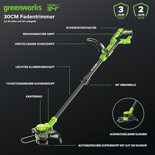 Greenworks 24V 12" Cordless String Trimmer/Edger (Includes 20 Blades), 4.0Ah Battery and Charger Included