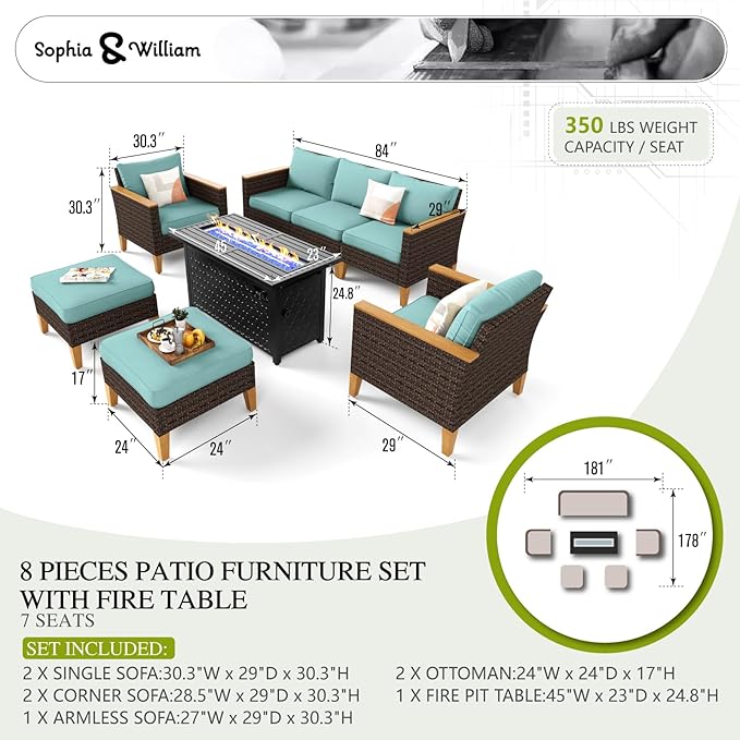 Sophia & William Patio Furniture Set with Fire Pit Table, 8 Piece Outdoor Wicker Conversation Set, Large Rattan Sectional Sofa with Ottoman & 45" Fire Pit Table(Aqua Blue)
