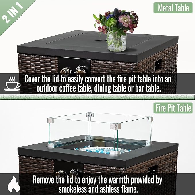 Propane Fire Pit Table, 22 Inch Wicker Firepits for Outside, Square Gas Fire Pit for Outside Patio, Propane Fire Table for Patio, Backyard, Pool, 40,000 BTU, Tank Inside, Dark Brown