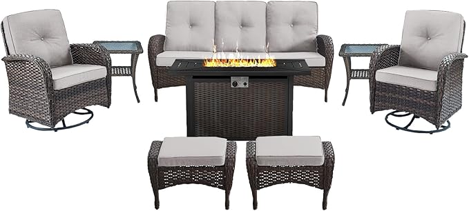 Belord 8 Piece Patio Furniture Set with 50000 BTU Propane Fire Pit Table, Outdoor Conversation Set with 2 Swivel Rocker Chairs Wicker Sofa and Ottomans for Casual Gatherings Beige Cushion