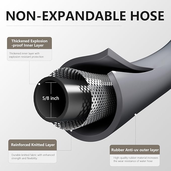Garden Hose 5/8" x 100ft Brass Rubber Heavy Duty Water Hose 600 PSI Burst Pressure, Durable Flexible Hose for Yard, Car Wash, Pets Gray