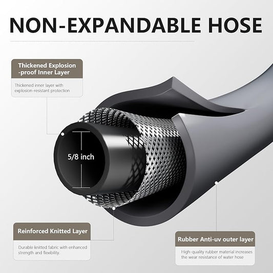 Garden Hose 5/8" x 100ft Brass Rubber Heavy Duty Water Hose 600 PSI Burst Pressure, Durable Flexible Hose for Yard, Car Wash, Pets Gray