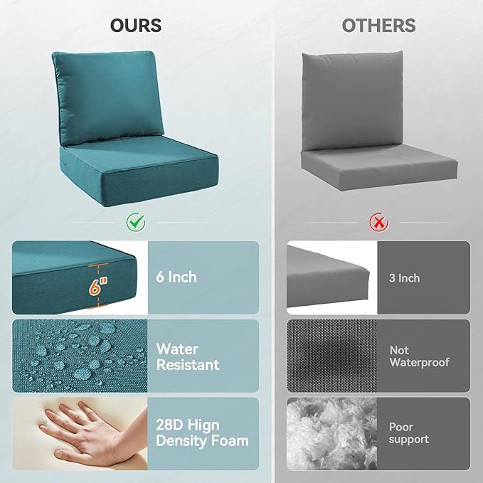 6" Thick Outdoor Cushions 24x24x6, 7-Set Deep Seat Patio Cushions with Removable Cover, Waterproof & Fade Resistant Replacement for Wicker Chair, Loveseat, Sofa - Peacock Green