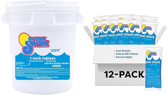 In The Swim Chlorine and Shock Bundle for Sanitizing Swimming Pools – Includes 10 Pound Bucket of 1 Inch Chlorine Tablets and 12 x 1 Pound Bags of 68% Cal-Hypo Pool Shock