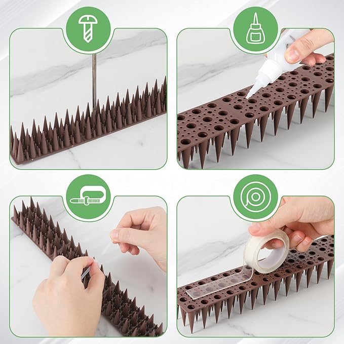 Bird Spikes，Pigeon Outdoor Deterrent Device，20 Pack Bird Deterrent Spikes for Small Birds Pigeon Squirrel Raccoon Cats Bird Defender Spikes for Outside to Keep Birds Away,19.69 Feet（6 M）,Brown