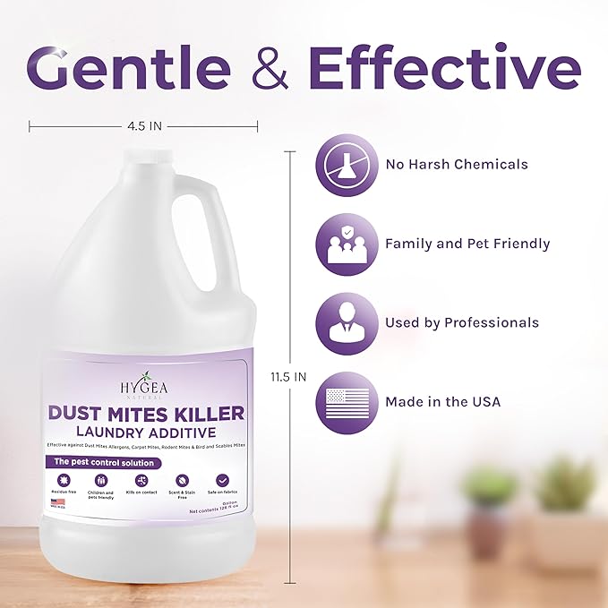 Hygea Natural Dust Mite Laundry Additive - Eliminates Dust, Carpet, Rodent, Bird & Scabies Mites - Pet & Child-Friendly, Eco-Friendly for Bedding, Clothing, Linens - 128oz