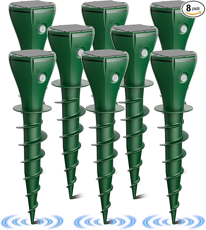 Mole Repeller for Lawns，8 Packs Solar Powered Vole Repellent Ultrasonic Pest Control Stake, Waterproof Sonic Pulse Deterrent for Gopher Vole Snake in Lawn, Garden & Yard