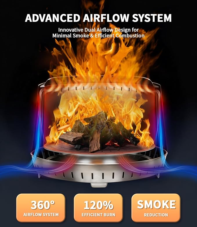 Smokeless Fire Pit 21", for Outdoor Patio & Backyard, Dual Airflow Secondary Combustion, Stainless Steel Firepit with Detachable Ash Pan, Clean Burn, Portable for Camping & Gatherings