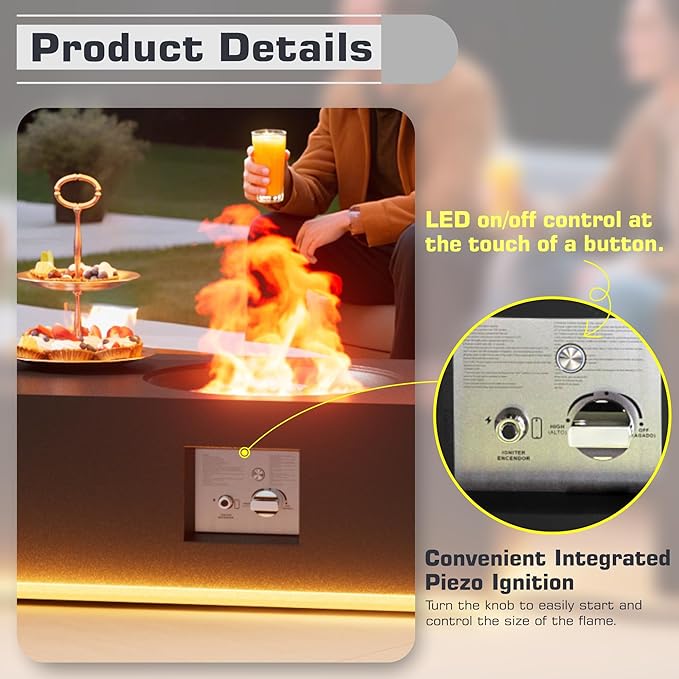 48 inch Propane Fire Pit Table LED, 2 in 1 Rectangular Outdoor Fire Pit with 20lb Tank Cover, Outside Patio Deck and Garden, Gas Fireplace Table with Lid and Stone, 50,000 BTU Adjustable Flame