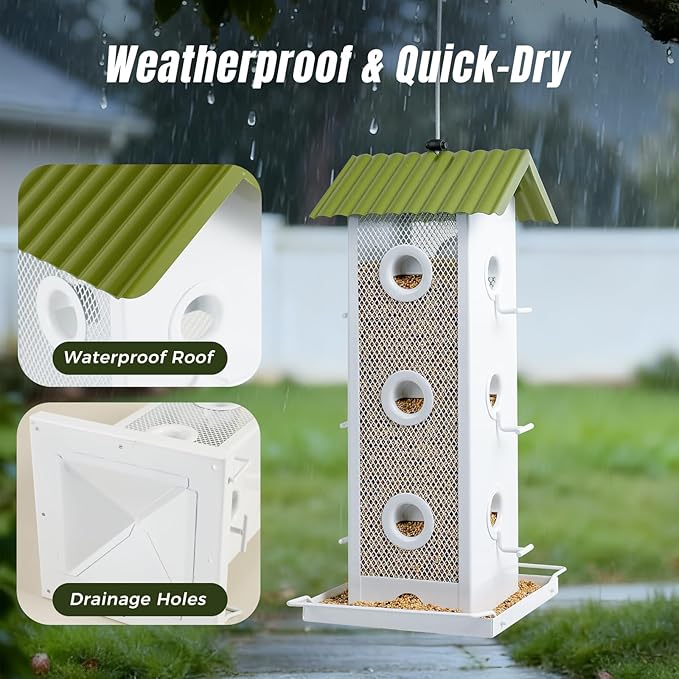 Shineforu All Metal Bird Feeder for Outdoors Hanging | 14-Port Multi-Bird Viewing | Premium Finish, Waterproof & Easy-Clean | Attracts Cardinals, Finches, Chickadees & More (Crisp White & Green)