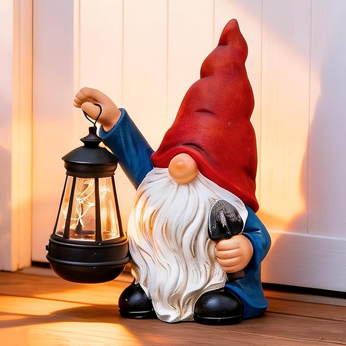 WONDHOME Garden Gnomes Statues Outdoor Decor with Shovel Solar Gnome with Lantern LED Lights,Terrace Xmas Courtyard Lawn Patio Porch Decoration Birthday Christmas Housewarming Gift for Mom Women