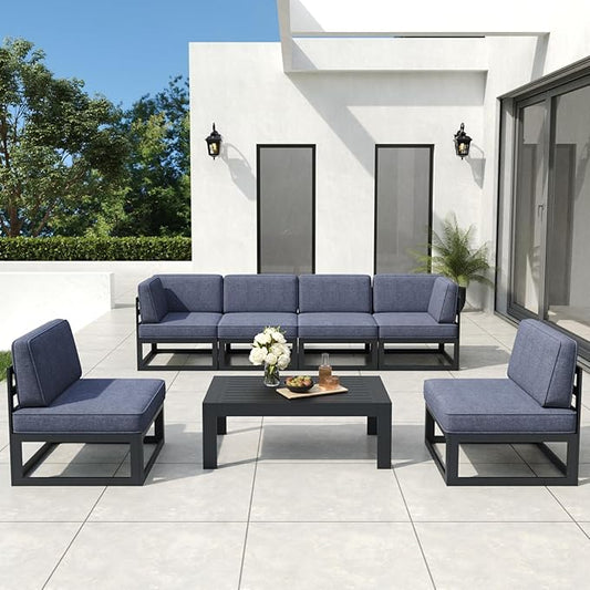 7 Pieces Aluminum Patio Furniture Set with Coffee Table, Metal Outdoor Conversation Sofa Set with Seating Cushions