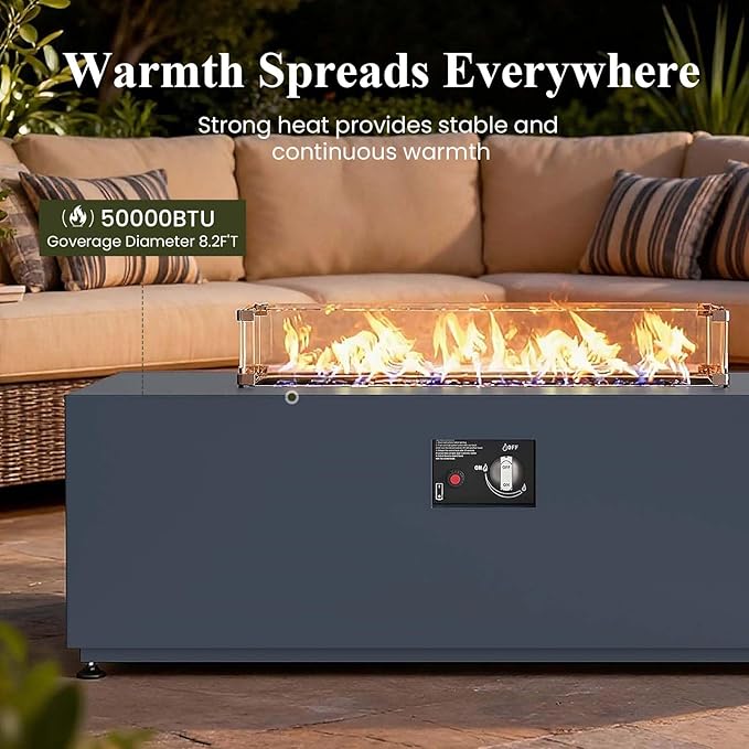 LayinSun 42 Inch Outdoor Fire Pit Table for Outside Patio, 55000BTU Rectangle Propane Firepit with Hidden Fuel Tank, Glass Wind Guard, Waterproof Cover and Lid