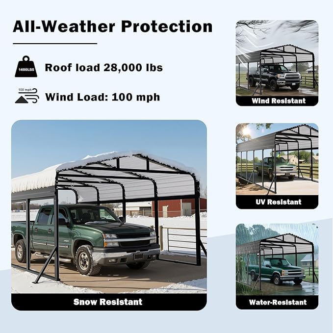 20x40FT Heavy Duty Metal Carport - Reinforced Galvanized Carport Canopy for All-Weather Shelter, Enhanced Wind Resistance for Boats, Cars, Trucks and Tractors