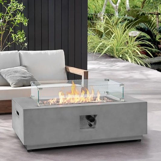 42inch Rectangular Concrete Fire Pit Propane with Wind Guard, 2-Piece Gas Firepit for Outside Patio 50,000 BTU Outdoor Fire Table with Steel Lid, Wind Guard, Lava Rocks, Rain Cover