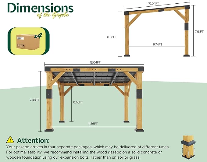 Jocisland 10' x 12' Cedar Wood Gazebo with Sloped Galvanized Steel Roof, Hardtop Gazebo Pavilion with Durable, Rot-Resistant Construction, Permanent Outdoor Pergola for Backyard, Garden & Deck