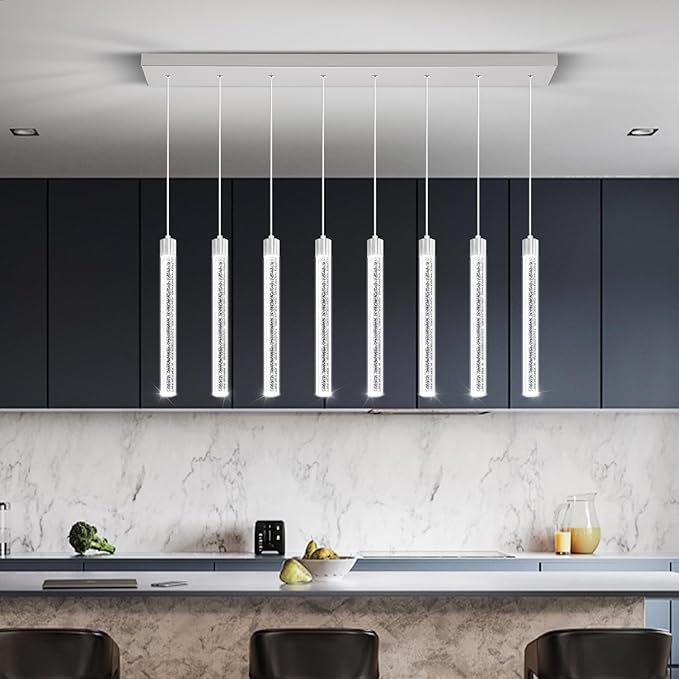 8-Lights Silver Modern Crystal Chandeliers for Dining Room Dimmable LED Adjustable Height Hanging Pendant Light for Kitchen Island,Bedroom,Over Table,Living Room