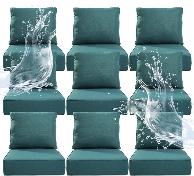 6" Thicker Outdoor Chair Cushion 9 Sets - 24" *24" *6" Waterproof Patio Furniture Cushions with Removable Cover, 28D High Density Sponge Filling Thicken Outdoor Patio Cushions - Peacock Blue