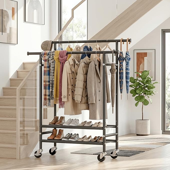 Double Rods Clothes Racks , Rolling Clothing Rack for Hanging Clothes with Wheels & Shelves，Portable Garment Coat Wardrobe Rack for Bedroom,Laundry living Room ,16.93″ L × 39.37″ W × 63.78″ H,Black