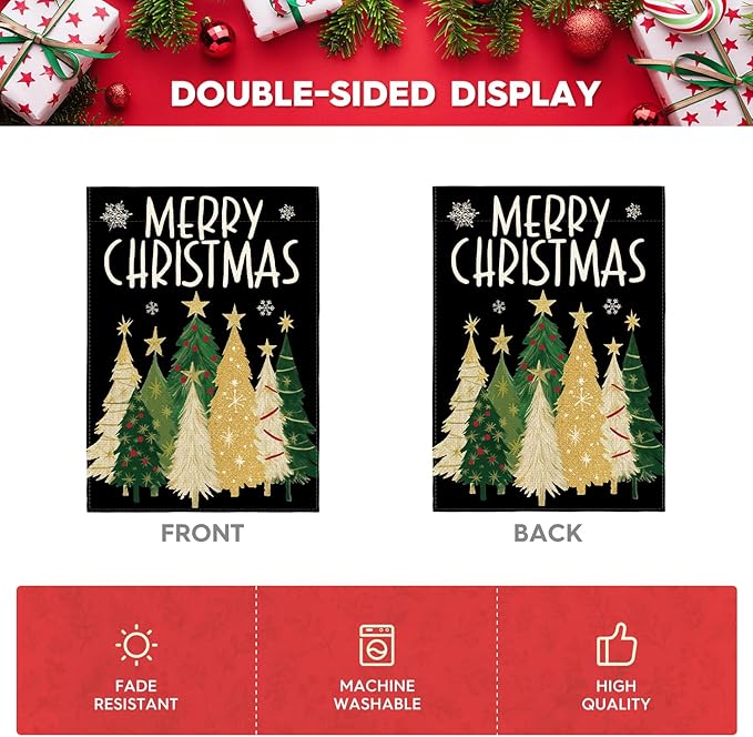AVOIN colorlife Merry Christmas Garden Flag 12x18 Inch Double Sided Outside, Christmas Trees Winter Holiday Yard Outdoor Flag Black
