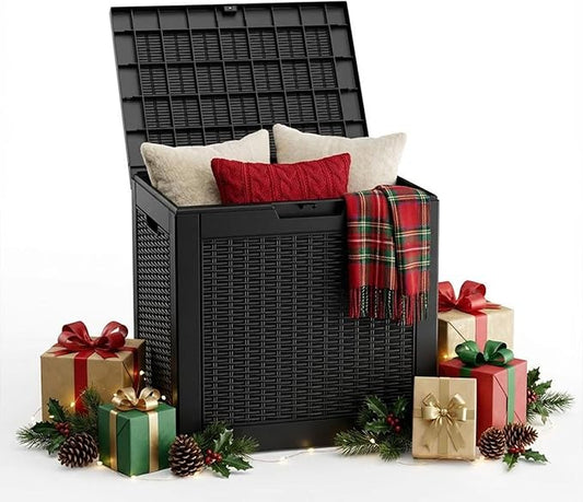 30 Gallon Outdoor Storage Box Waterproof,Outside Delivery Package Deck Box with Lockable Lid,Poolside Storage Bin for Garden Tools,Patio Cushion,Black Rattan