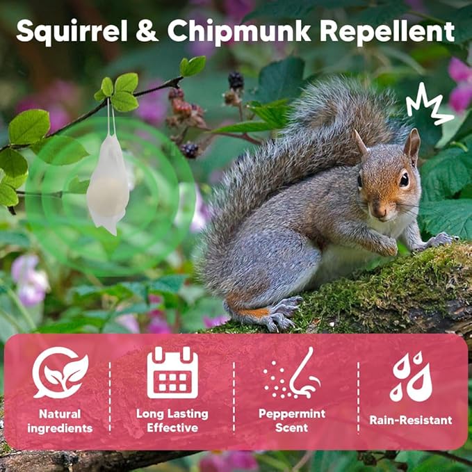 Squirrel Repellent Outdoor, Peppermint Chipmunk Repellent for Garden, Attic, Bird Feeders, Car Engines – Long-Lasting Safe Protection- 8 Packs