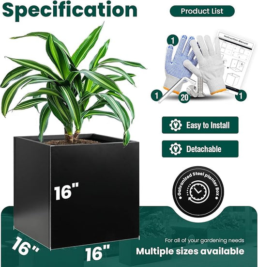 Galvanized Steel Planter Box Black Metal Planter Square Indoor Outdoor Planters Cube Steel Heavy Duty 16Inch Powder Coating Modern Commercial Residential for Patio, Yard, Garden