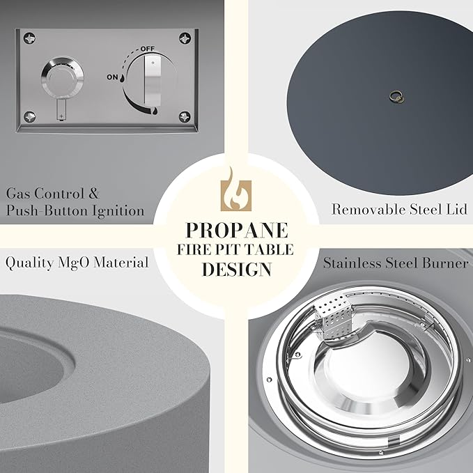 32.5 Inch Propane Fire Pit Table, 50,000 BTU Round Patio Fire Pit Table Outdoor, CSA Certified, Stainless Burner with Steel Lid, Waterproof Cover & Lava Rocks, for Backyard Garden, Gray
