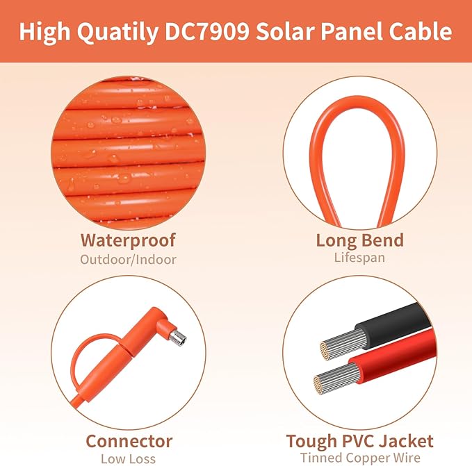8mm DC Extension Cable 15FT – DC7909 Male to Female Solar Cable with DC8020 Adapter, 14AWG Tinned Copper Wire, Waterproof – – Works with Most Portable Power Stations and Solar Generators