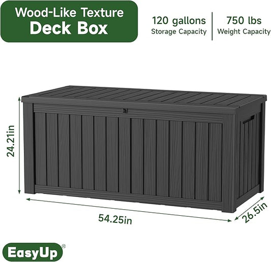 EasyUp 120 Gallon Outdoor Storage Box, Resin Waterproof UV-Resistant Deck Box with Hydraulic Lid Support, Reinforced Stability for Patio, Garden, and Poolside, Striped Black