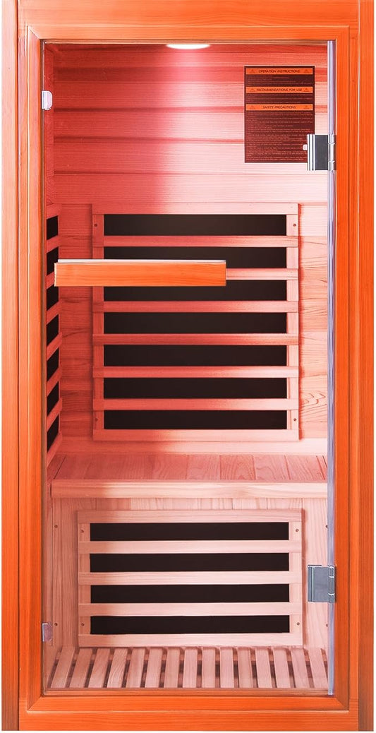Far Infrared Sauna for Home 1 Person Indoor Wood Sauna Personal Spa Room 1065W 120V with Red Light Bluetooth Speakers 31.5"x31.5"x63"