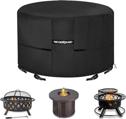 NEVERLAND Fire Pit Cover Round, Waterproof Outdoor Firepit Covers Round for 32-36 Inches 600D Oxford Heavy Duty Patio Gas Fire Pit Covers with 4 Buckle Straps and Air Vents, 36 x 24 Inch Black