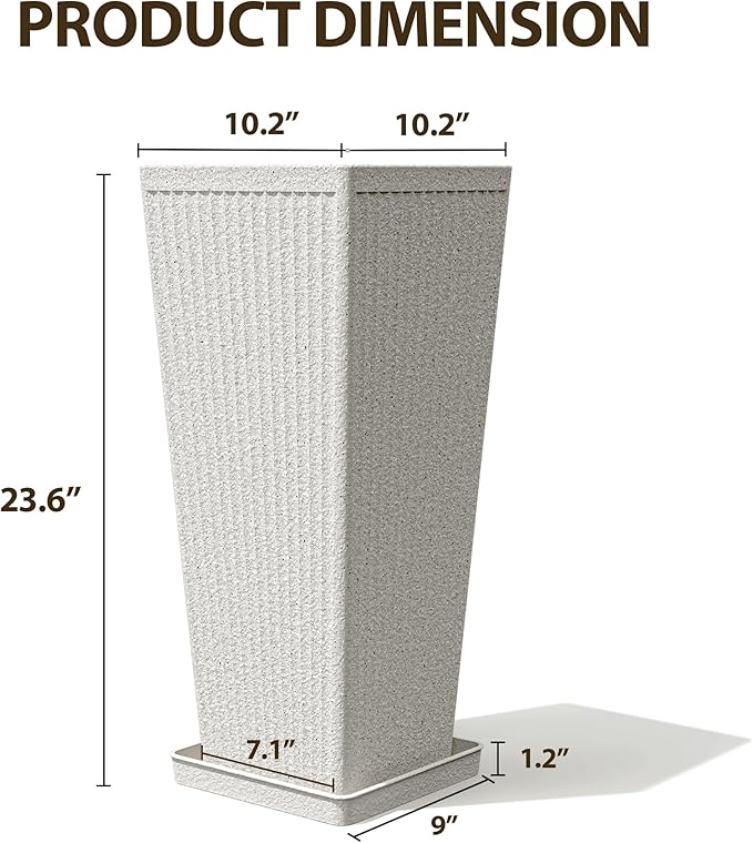 Tapered Tall Planters for Outdoor Plants 2 Pack- 23.6 Inch Heavy-Duty Classic Square Indoor Flower Pots with Drainage Holes/Partition/Tray, Large Outdoor Planters for Porch Patio, White