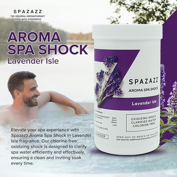 Spazazz Aroma Scented Non Chlorine Spa Shock for Hot Tubs Chlorine Free Oxidizer Treatment. Water Clarifier with Potassium Monopersulfate - Professional Grade- Lavender Isle 2.2lb