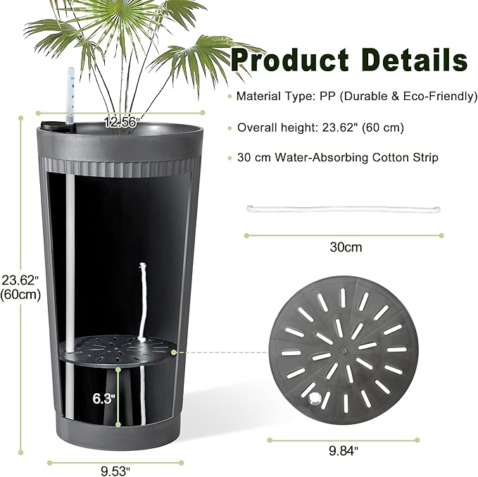 24" Tall Self Watering Planters for Indoor Plants, 2 Pack Large Plastic Outdoor Planter Pots with Built-In Water Reservoir and Level Indicator, Decorative Modern Flower Pots for Home & Patio (Grey)