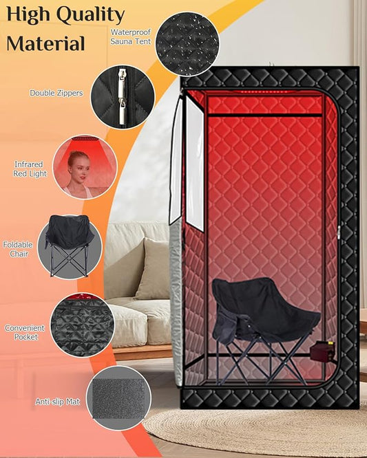 Smartmak Portable Sauna with Infrared 660nm Red Light Therapy Lamp for Home Relaxation, Personal Large Full Body Sauna Spa Tent, 1500W High Power Hot Air Saunas, Folding Chair Indoor Use