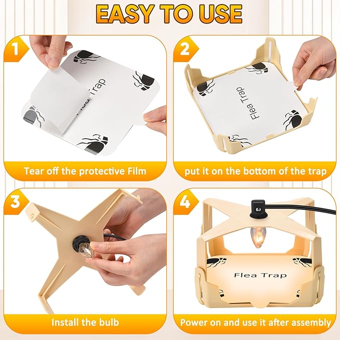 Flea Trap for Inside Your Home - 6 Bulbs & 8 Sticky Glue Boards for Bed Bug Control, Flying Insects Killer, Trap Pest Control for Bugs Gnats Moths Indoor and Outdoor（Off-White）