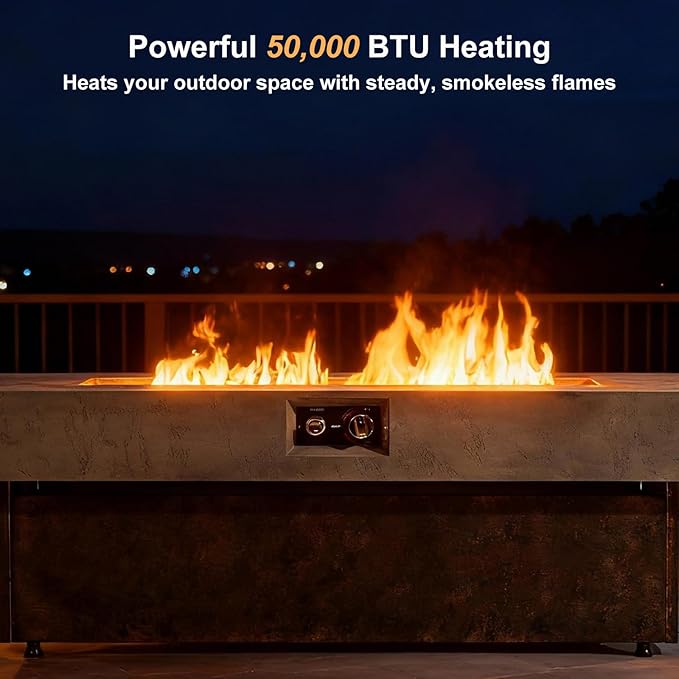 Propane Fire Pit Table, 55 Inch Firepits for Outside, Rectangle Gas Fire Pits for Outside Patio, Backyard, Pool, 50000BTU, Free Waterproof Cover, Tank Outside, Tank Not Included, Brown+Gray