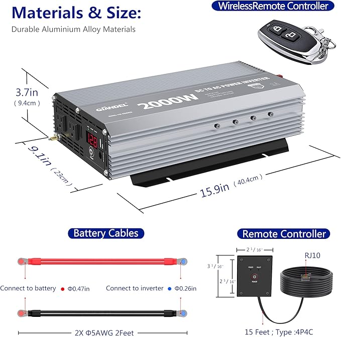 GIANDEL Power Inverter 2000W Modified Sine Wave DC 12V to AC 110V 120V with Wireless Remote Controller LED Display & 2.4 Amps USB Port for RV Truck Boat