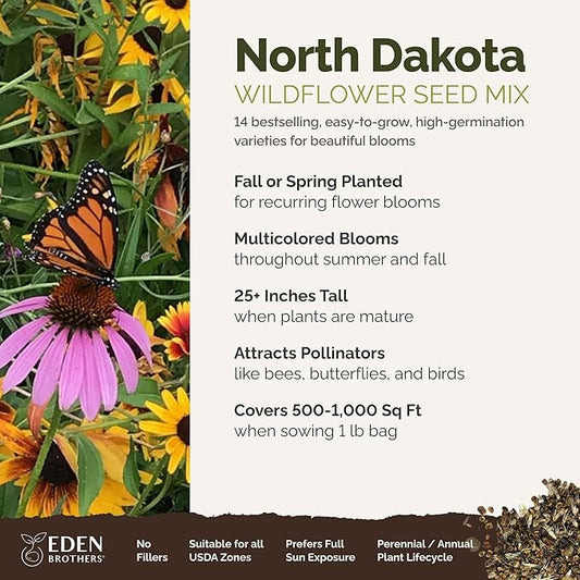 Eden Brothers North Dakota Wildflower Mixed Seeds for Planting, 1 lb, 480,000+ Seeds with Calendula, Sunflower | Attracts Pollinators, Plant in Spring or Fall, Zones