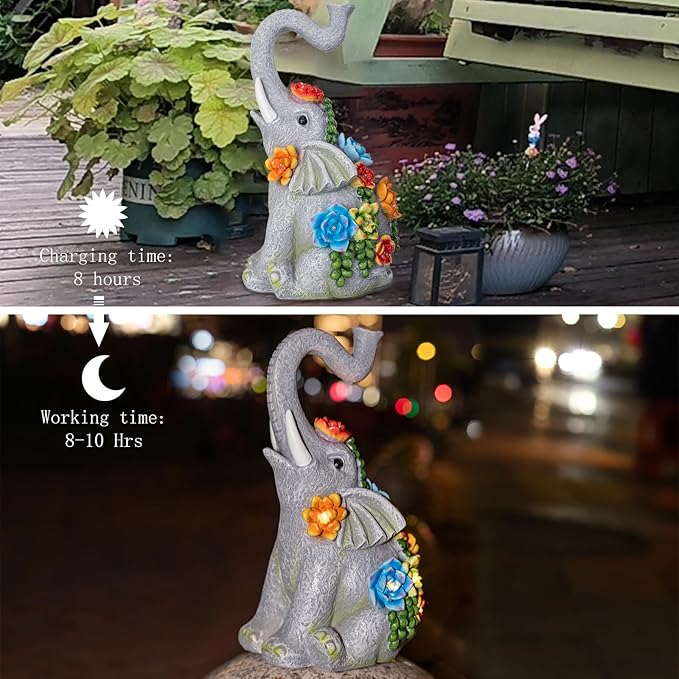 halp·ssfm Elephant Garden Statue Solar Lamp with 8 Led Lights Decor Outdoor Resin Waterproof Sculpture Patio Lawn Yard Porch Decorations Housewarming Gifts for Women Mom Grandma